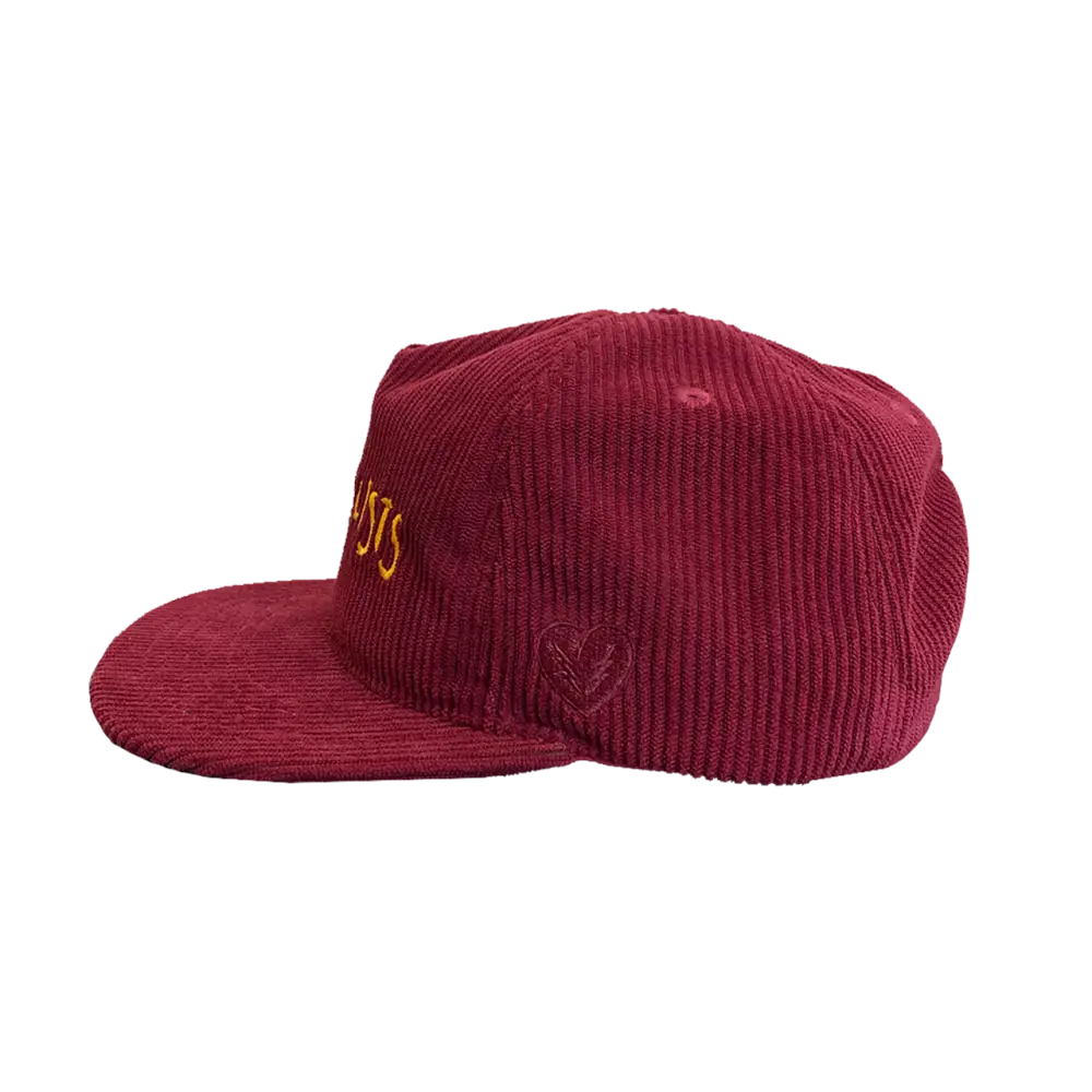 Burgundy corduroy baseball cap with yellow embroidered text.