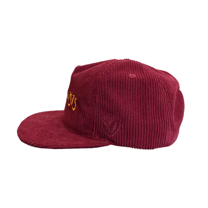 Burgundy corduroy baseball cap with yellow embroidered text.