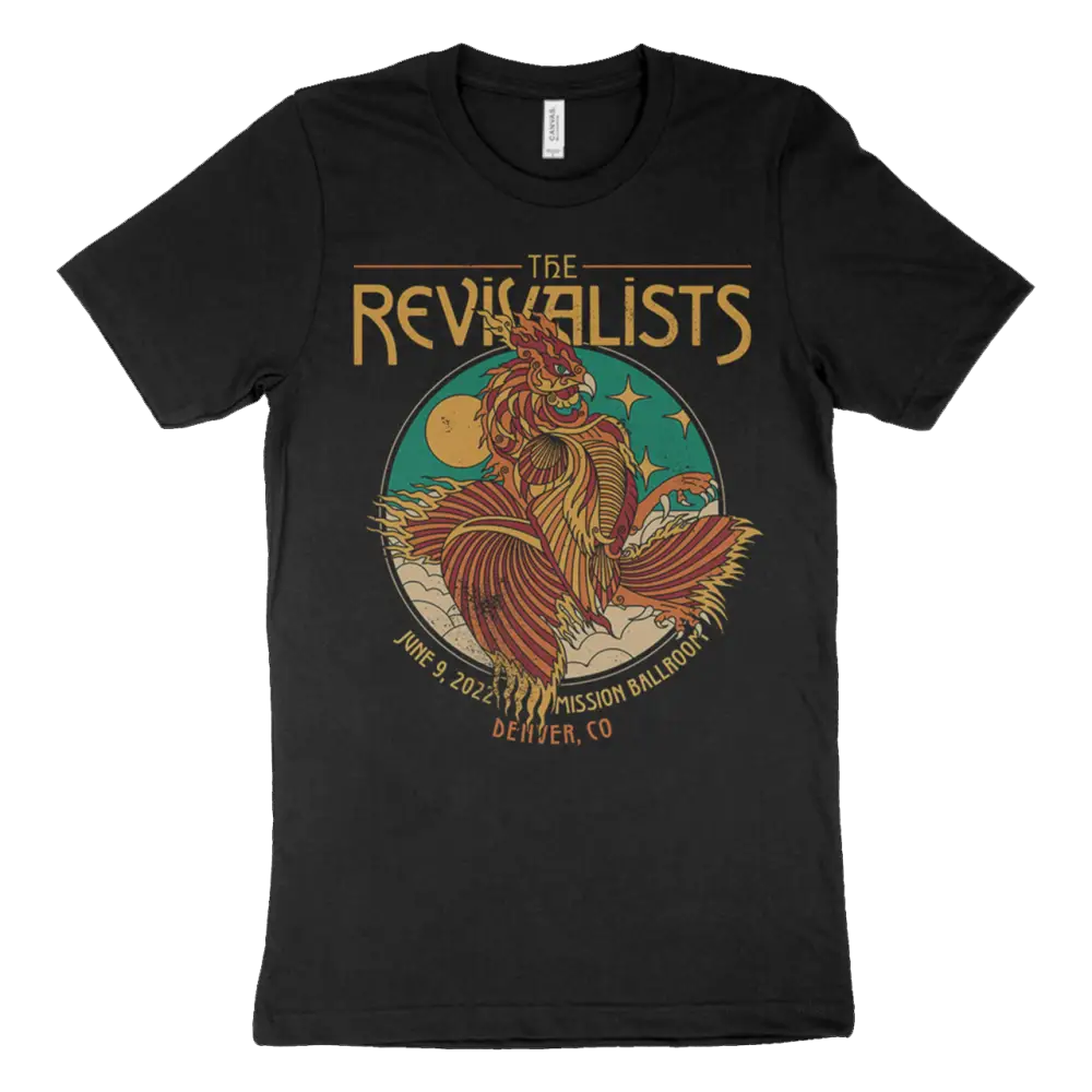 Black t-shirt featuring a colorful rooster design and ’The Revivalists’ text.