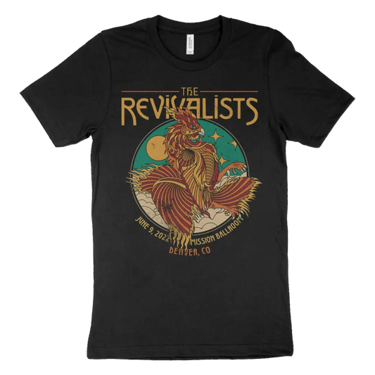 Black t-shirt featuring a colorful rooster design and ’The Revivalists’ text.