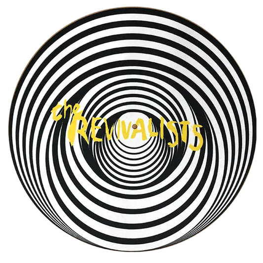 Circular black and white optical illusion pattern with yellow text reading ’The Vamps’ in the center.