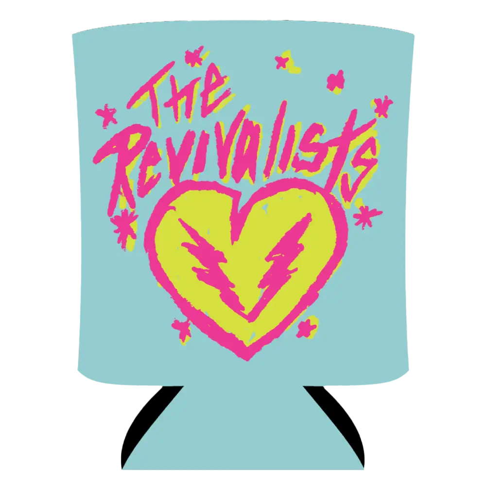 Beverage cooler sleeve with ’The Revivalists’ logo featuring a heart and lightning bolts in bright colors.