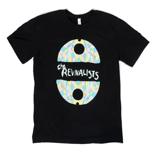 Black t-shirt featuring a colorful abstract design and ’The Revivalists’ text.