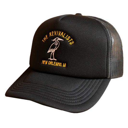 Black pelican hat trucker with gold heron embroidery mesh back and the revivalists new orleans text