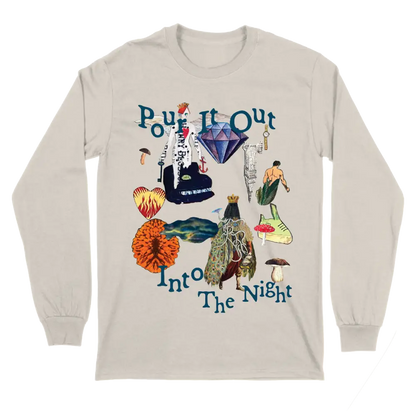 Long-sleeved beige t-shirt with colorful psychedelic artwork and text.