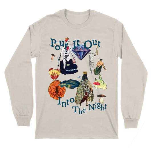 Long-sleeved beige t-shirt with colorful psychedelic artwork and text.