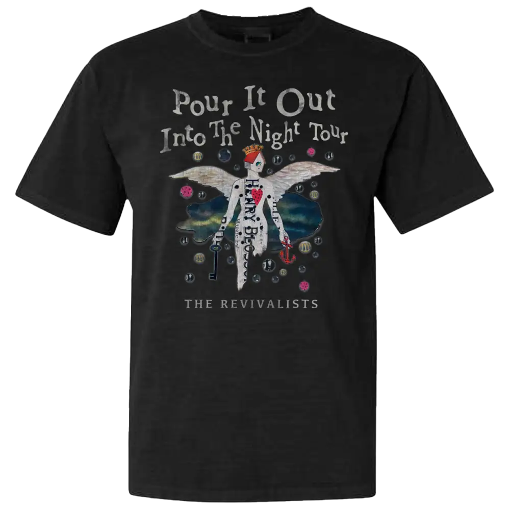 Black t-shirt with a colorful graphic design featuring text and an angelic figure.