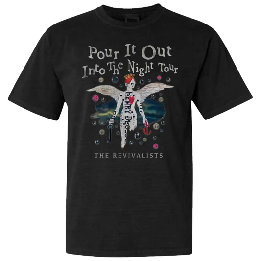 Black t-shirt with a colorful graphic design featuring text and an angelic figure.