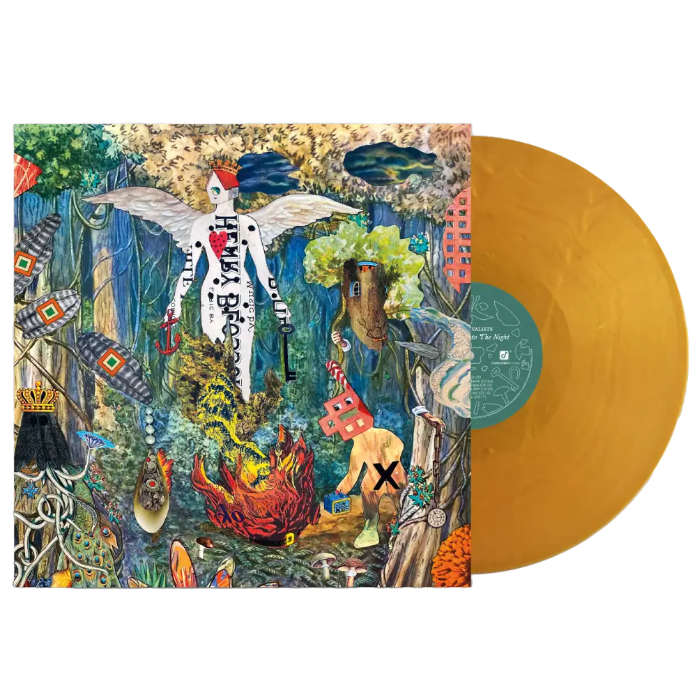 Colorful, psychedelic-style album cover artwork on a golden vinyl record.