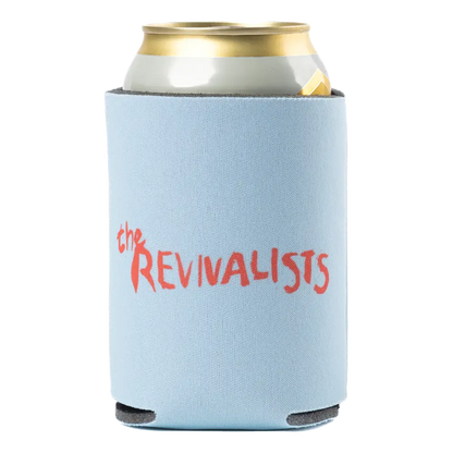 Light blue foam drink cooler sleeve with ’THE REVIVALISTS’ printed in red text.