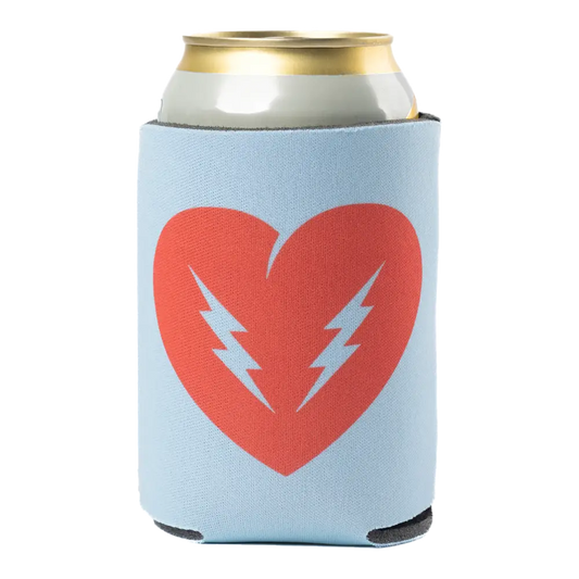 Light blue can cooler with a red heart and lightning bolt design.