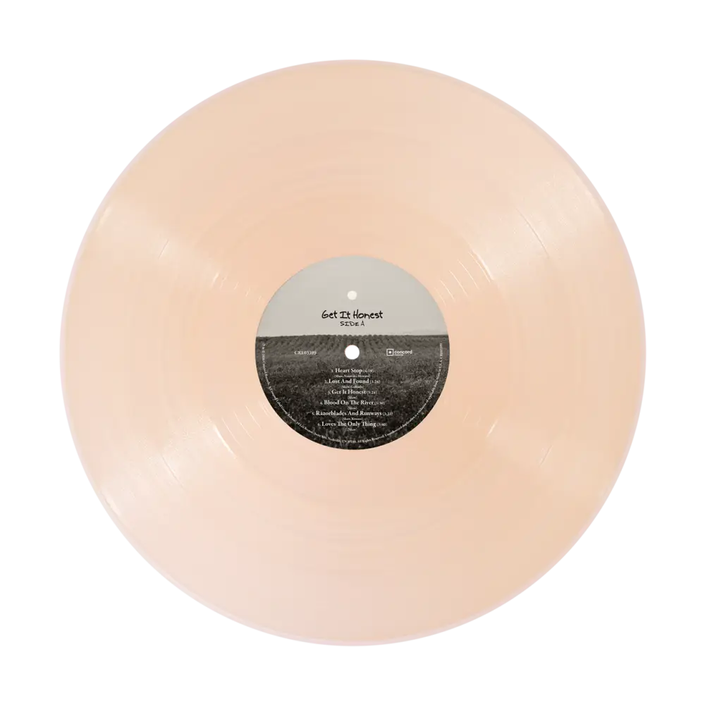 Translucent peach vinyl record showing get it honest title and tracklist for driven right fan pack pre order
