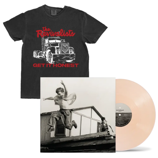 Dark gray t-shirt with white truck line drawing and red revivalists get it honest text from the driven right fan pack preorder