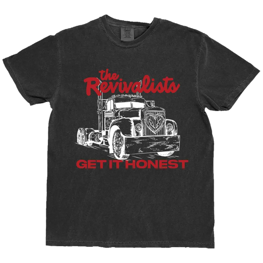 Black distressed driven tee with white semi-truck line art and red text the revivalists get it honest on front