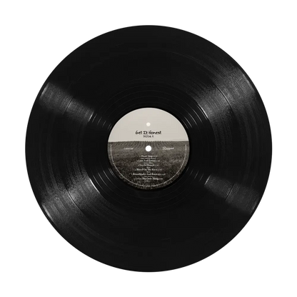 Black vinyl record with true black finish and white center label showing honest vinyl get it honest tracklist for pre order
