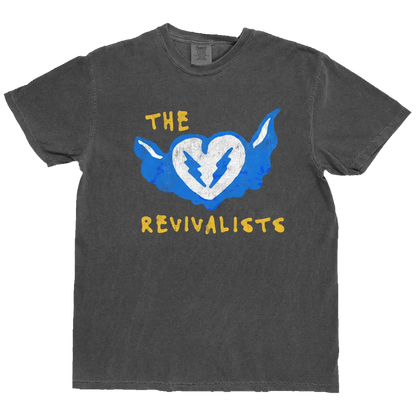 A dark gray faded cotton heart stop tee featuring blue wings and a white broken heart with yellow revivalists text