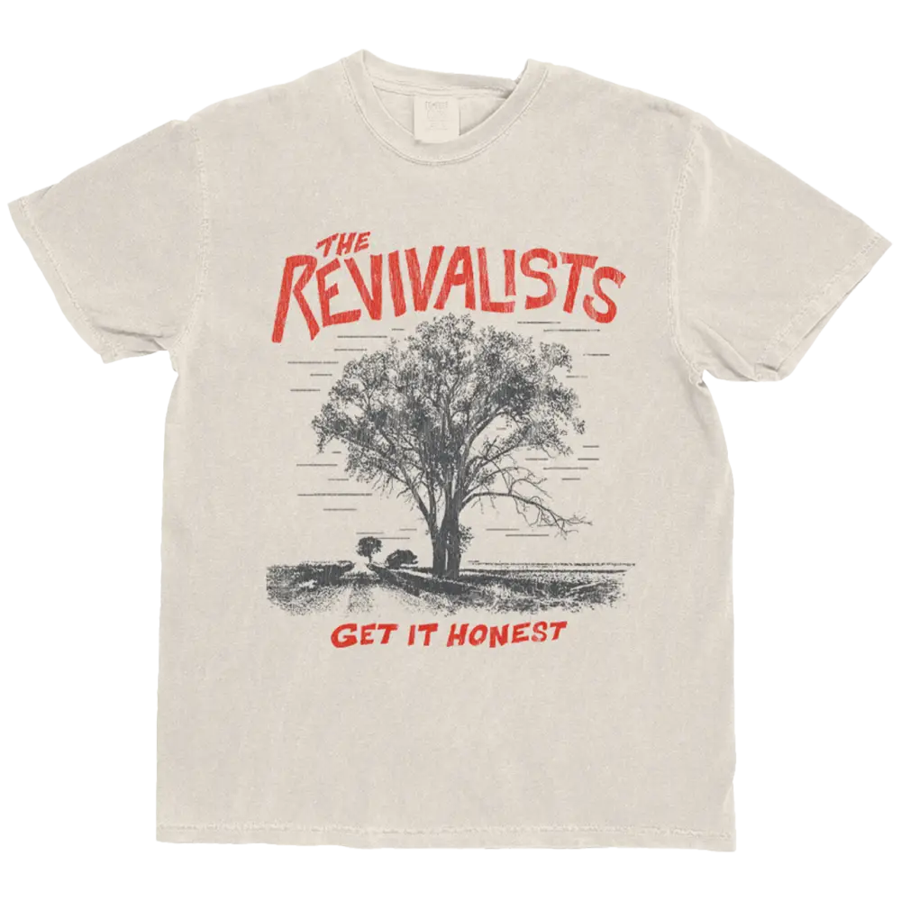 Off-white cotton t-shirt with black and red tree graphic for the honest listening fan pre-order fan pack