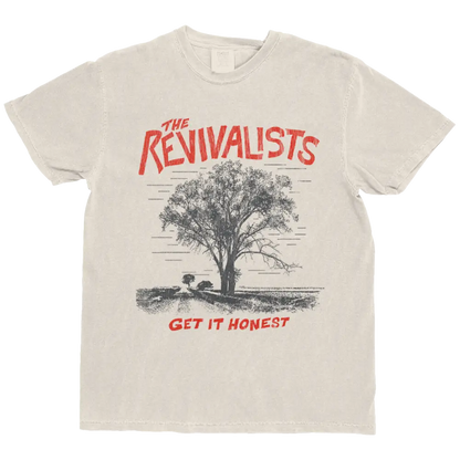 Off-white cotton t-shirt with black and red tree graphic for the honest listening fan pre-order fan pack