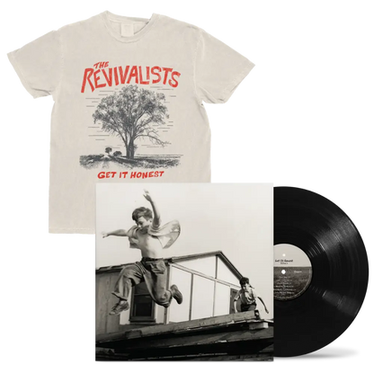 Off-white cotton t-shirt with black and red tree graphic and the revivalists text in the honest listening fan pack