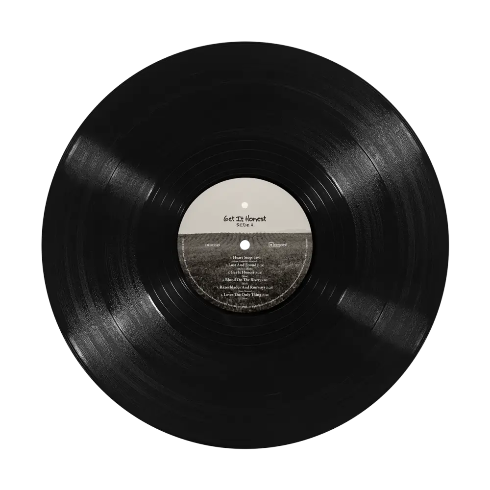 Black vinyl record with white center label featuring get it honest title and tracklist in honest listening fan pack