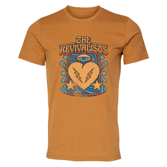 Orange t-shirt featuring a retro-style graphic design with the text ’The Revivalists’ and a heart motif.