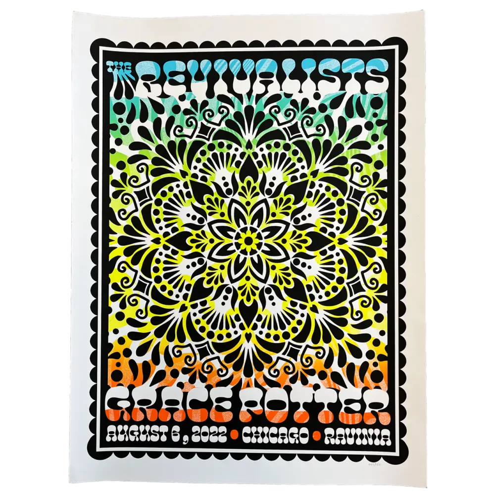 Colorful concert poster featuring an intricate mandala design with text at the top and bottom.