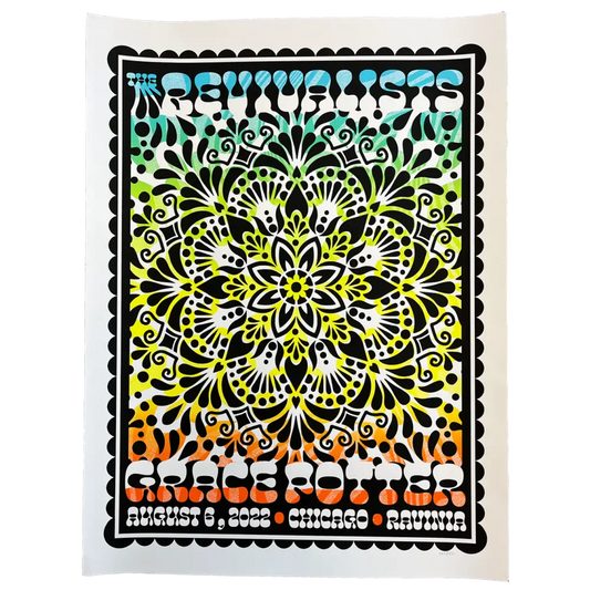 Colorful concert poster featuring an intricate mandala design with text at the top and bottom.