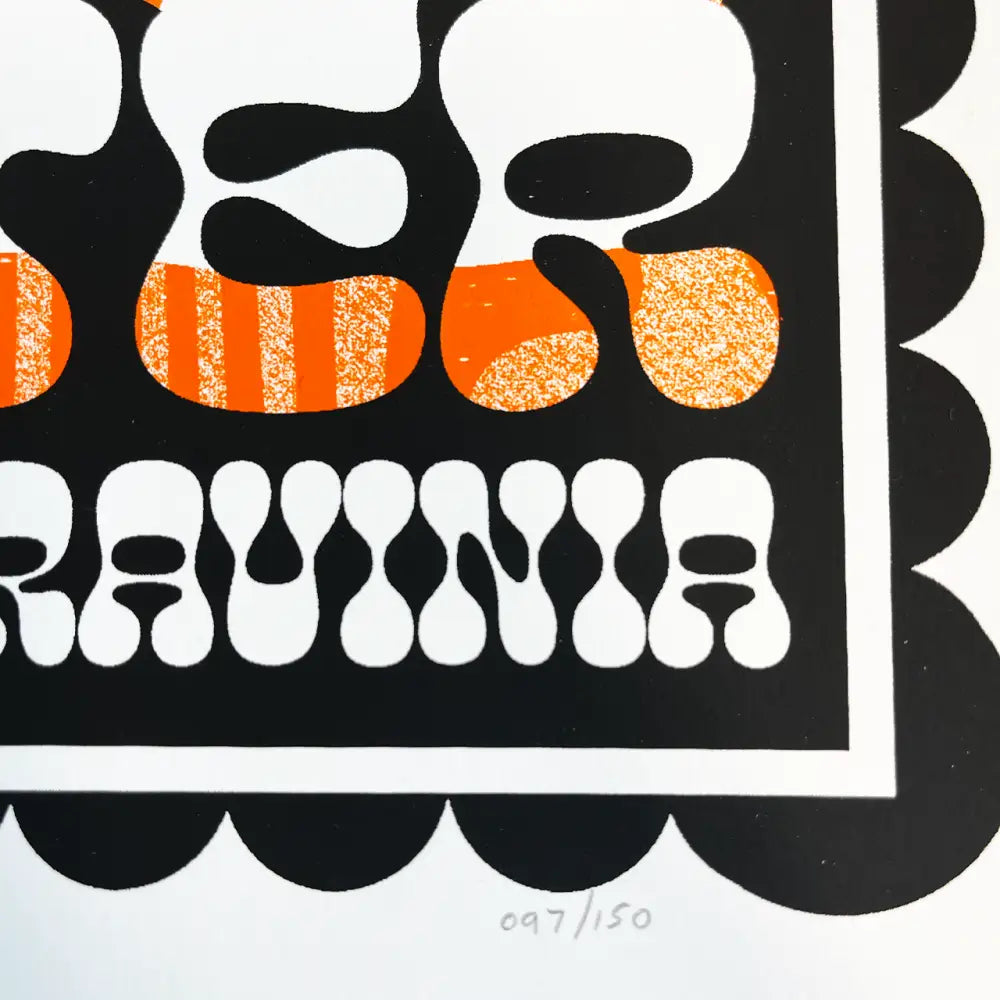 Abstract graphic design featuring black and orange shapes resembling stylized teeth or organic forms.