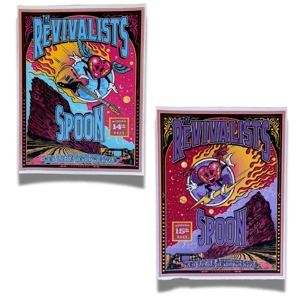 Psychedelic concert poster featuring a flaming skull-like figure emerging from a colorful cosmic vortex.