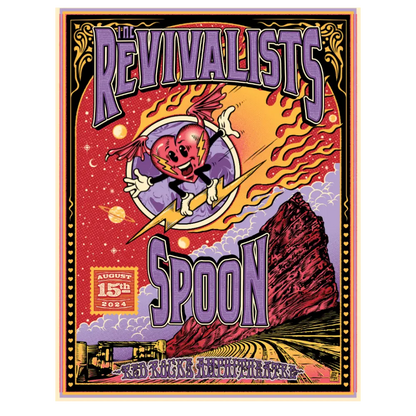 A colorful concert poster featuring a flaming pumpkin-headed figure riding a crescent moon.