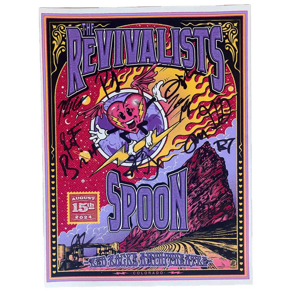 Colorful concert poster for ’The Revivalists’ and ’Spoon’ featuring a flaming heart character playing guitar.