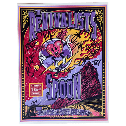 Colorful concert poster for ’The Revivalists’ and ’Spoon’ featuring a flaming heart character playing guitar.