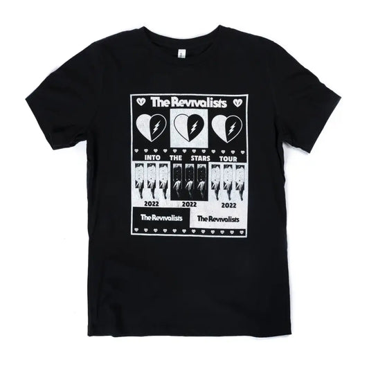 Black t-shirt featuring a white graphic design for ’The Revivalists’ band tour.