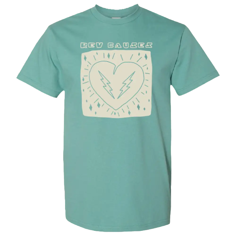 Mint green t-shirt with a heart design and ’REV CAUSES’ text printed on the front.