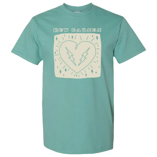 Mint green t-shirt with a heart design and ’REV CAUSES’ text printed on the front.