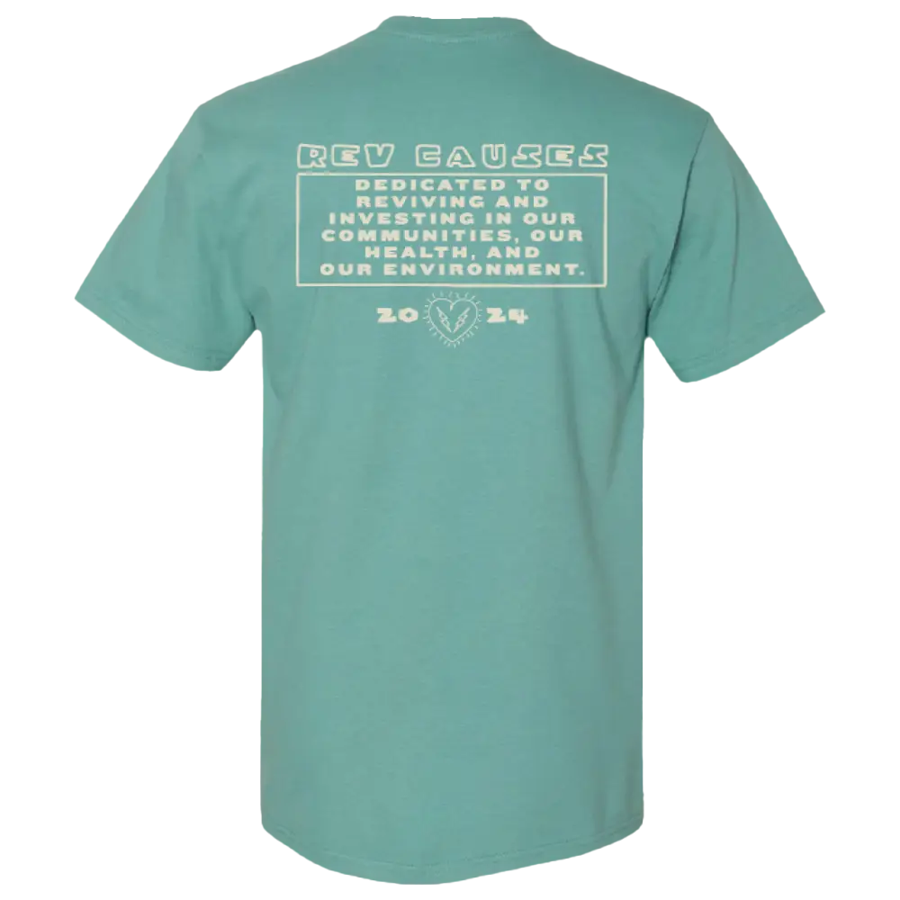 Teal t-shirt with white text about environmental conservation on the back.