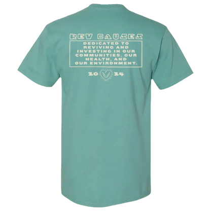 Teal t-shirt with white text about environmental conservation on the back.