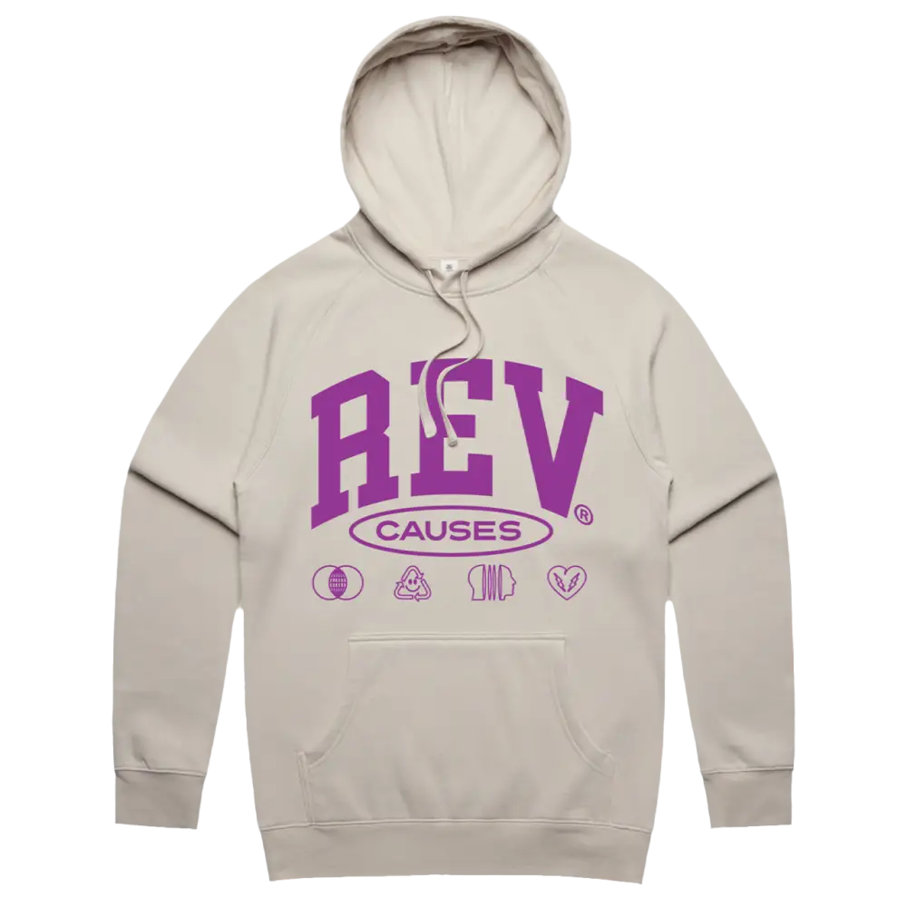 Beige hoodie sweatshirt with purple ’REV CAUSES’ text and small icons printed on the front.