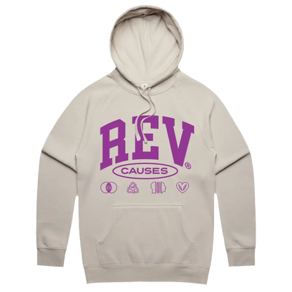 Beige hoodie sweatshirt with purple ’REV CAUSES’ text and small icons printed on the front.