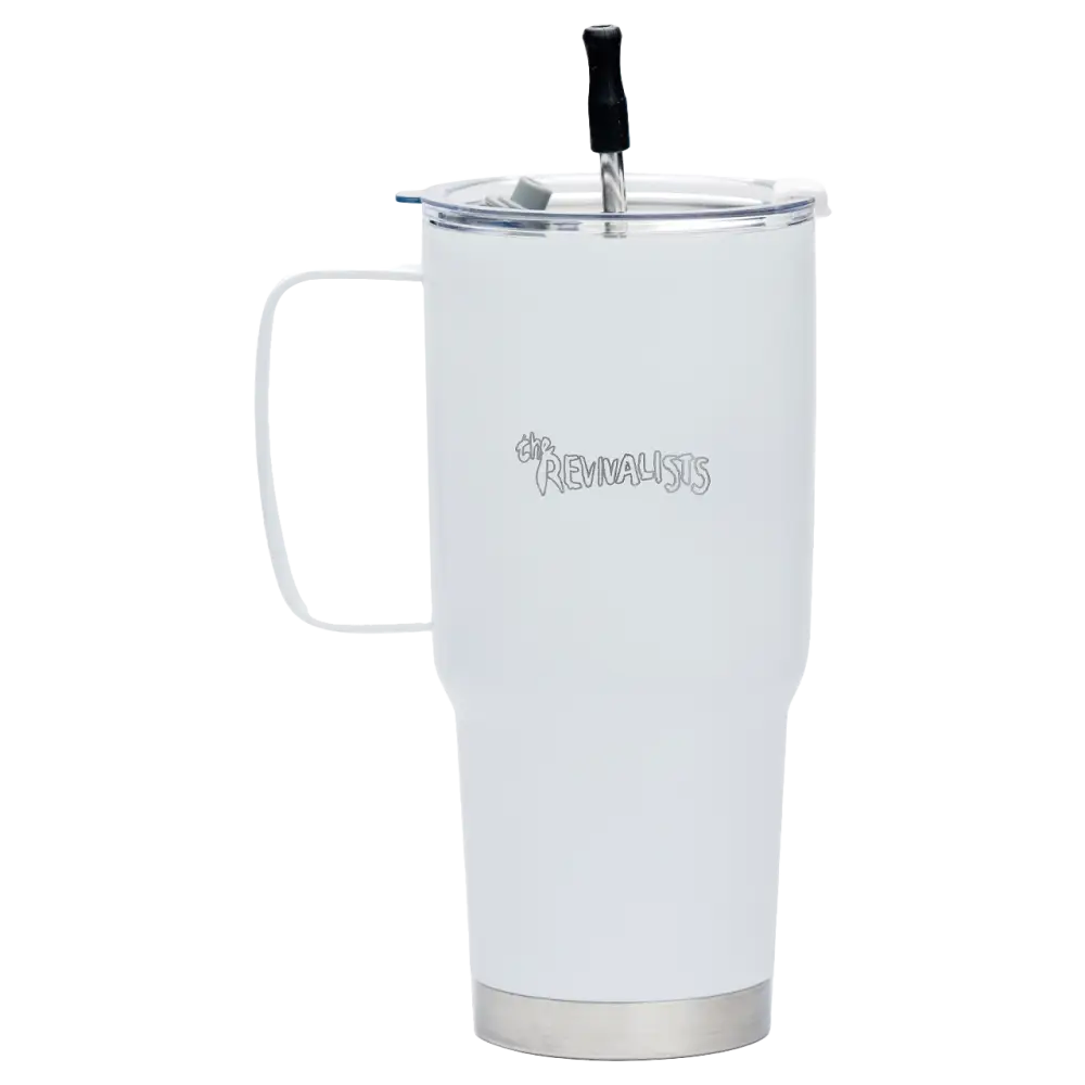 White insulated travel mug with a handle and straw lid.