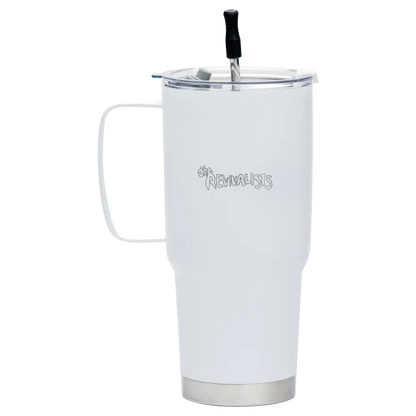 White insulated travel mug with a handle and straw lid.