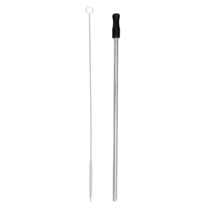 Metal straw with a black tip and accompanying thin cleaning brush.