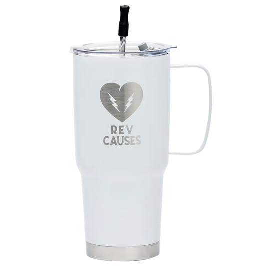 White insulated travel mug with a heart logo and ’REV CAUSES’ text.