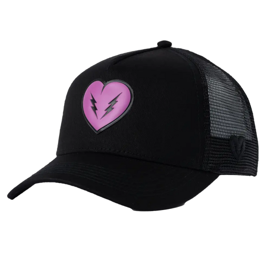 Black trucker hat with a pink heart logo featuring lightning bolts.