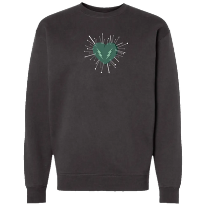 Dark gray crewneck sweatshirt featuring a central green heart graphic with white lightning bolts and radiating lines.