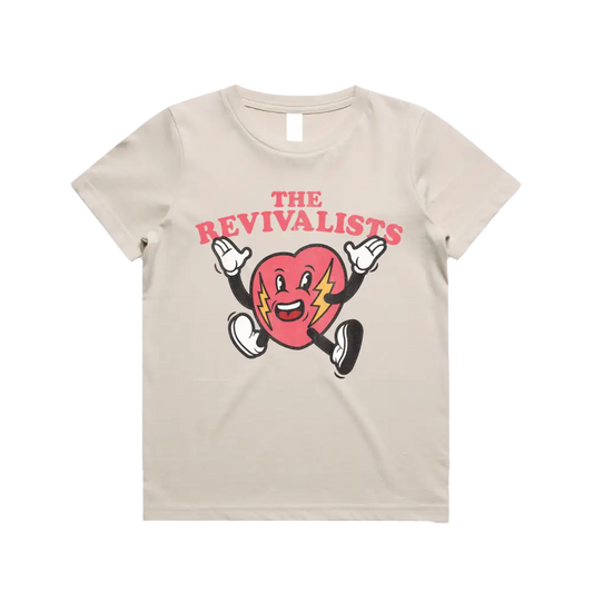 Beige t-shirt featuring a cartoon strawberry character and ’THE REVIVALISTS’ text.