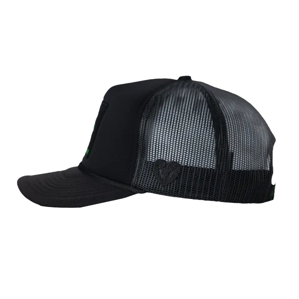 Black trucker-style baseball cap with a mesh back panel.