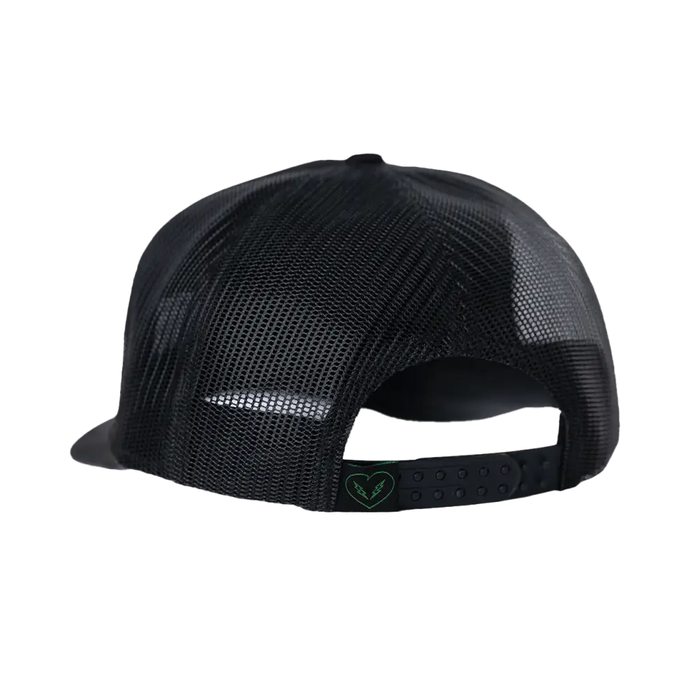 Black mesh trucker-style baseball cap with a small heart logo on the back strap.