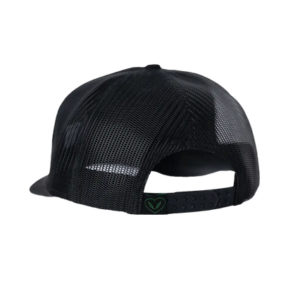 Black mesh trucker-style baseball cap with a small heart logo on the back strap.