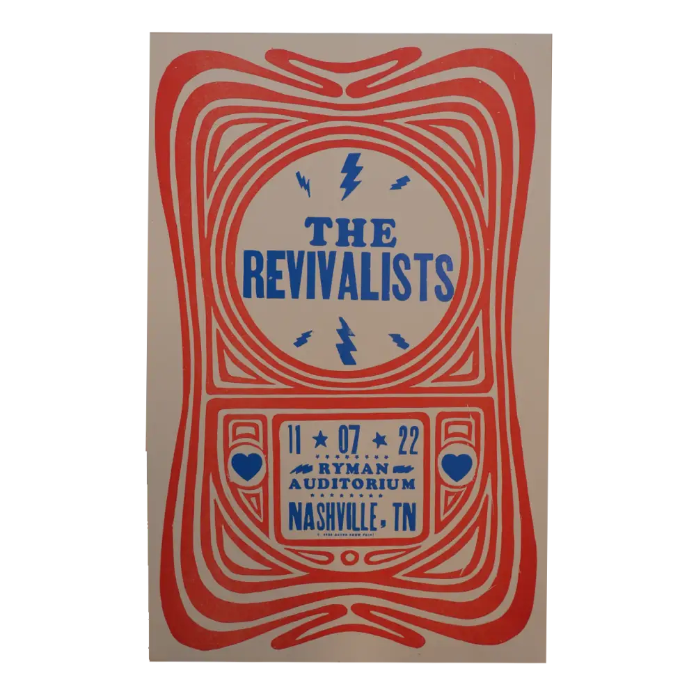 Concert poster for The Revivalists featuring red concentric shapes and blue text.